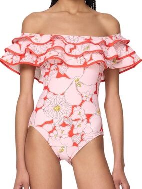 kate spade Off the Shoulder Ruffle One Piece Swimsuit - Coastal Garden NWT L